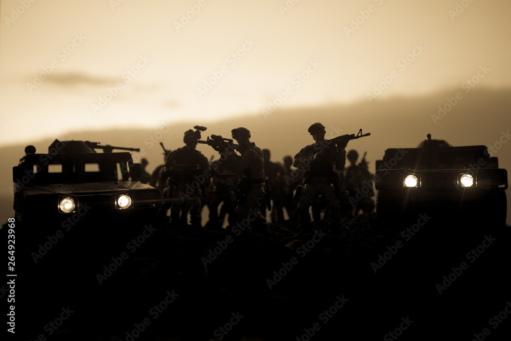 Military patrol car on sunset background. Army war concept. Silhouette ...