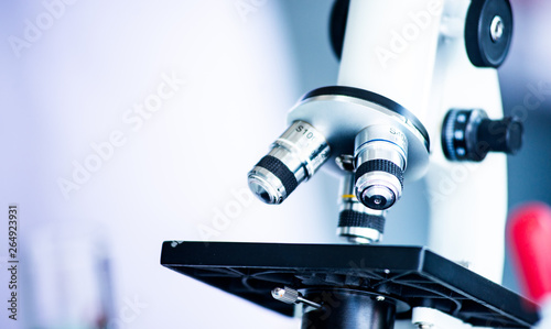 Microscope len closed up is scientific equipment in biology, chemistry, medical research laboratory for scientists or student in education