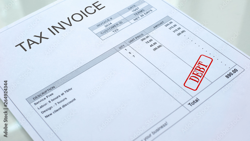 Debt seal stamped on tax invoice commercial document, economics and business Debt seal stamped on tax invoice commercial document, economics and business
