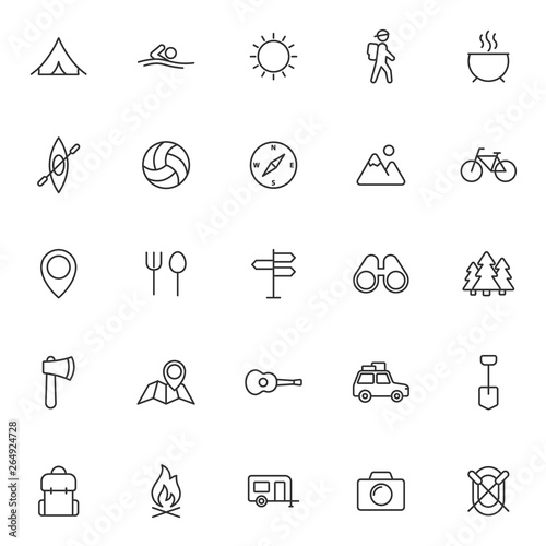 summer camping outline vector icons set isolated on white background. camping outline flat icons for web and ui design. summer camping recreation concept