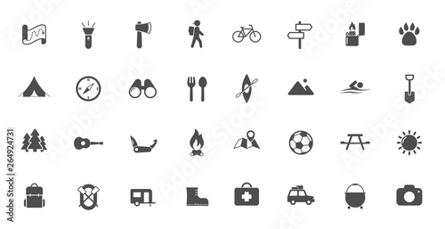 summer camping vector icons set isolated on white background. camping flat icons for web and ui design. summer camping recreation concept
