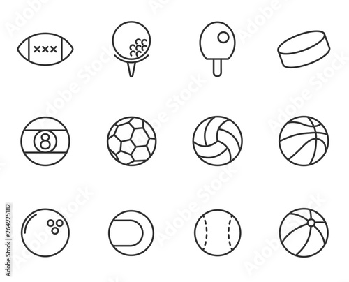 sport balls outline vector icons set isolated on white background. sport recreation concept. sport balls outline flat icons for web and ui design.