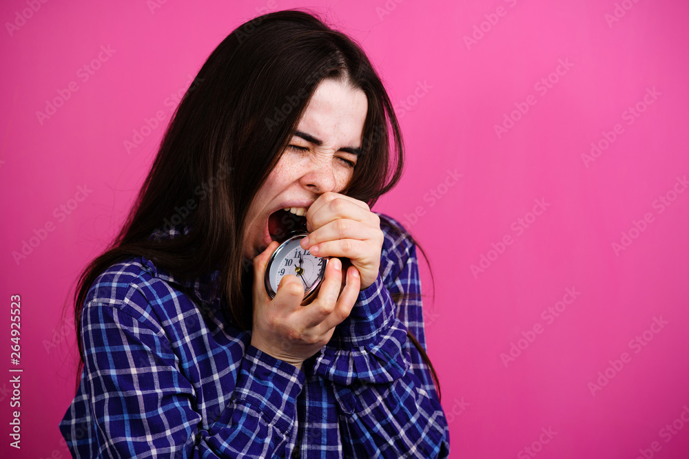 lack of time, stress, deadline concept. angry anxious woman with alarm clock. time management, early morning and fatigue lack of time, stress, deadline concept. angry anxious woman with alarm clock. time management, early morning and fatigue