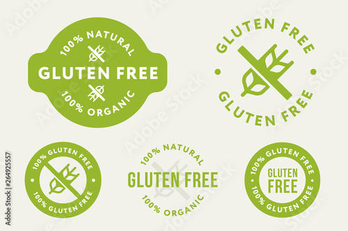Gluten Free. No Wheat. Allergy Diet. Collection of Green Organic Natural Eco Bio Food Products Label Stamp. 