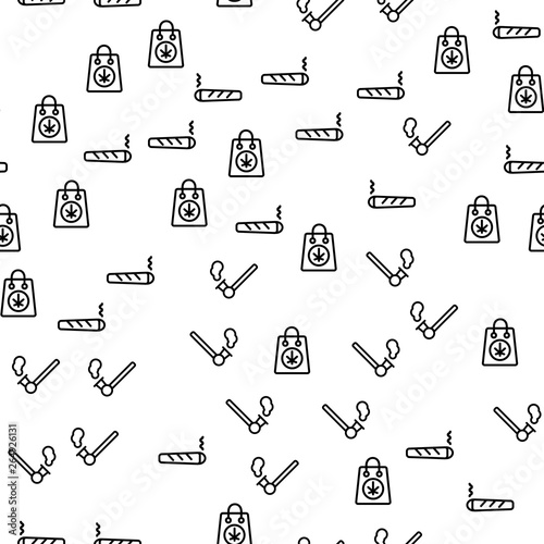 Legal Bong With Leaf Cannabis Seamless Pattern. Herbal Marijuana Cigar. Botanical Organic Weed Health Progress. Smoke Ganja Relax Prescription Medical Drug Flat Vector Illustration