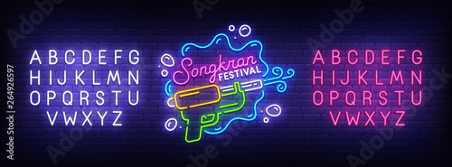 Songkran neon sign, bright signboard, light banner. Songkran logo, emblem and label. Neon sign creator. Neon text edit