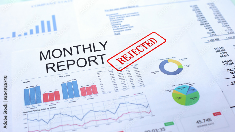 Monthly report rejected, seal stamped on official document, business project Monthly report rejected, seal stamped on official document, business project