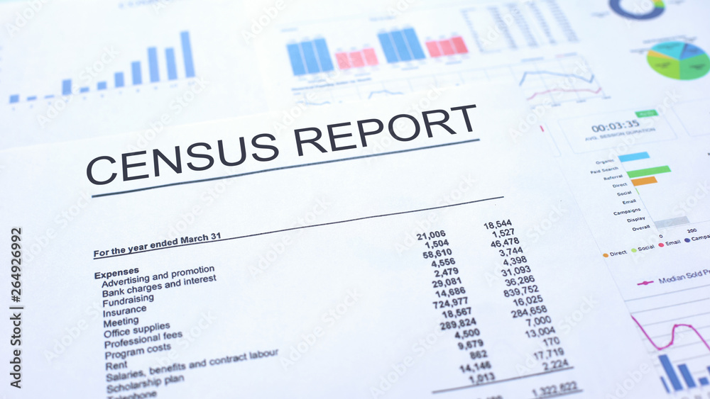 Census report lying on table, graphs charts and diagrams, official document - obrazy, fototapety, plakaty 