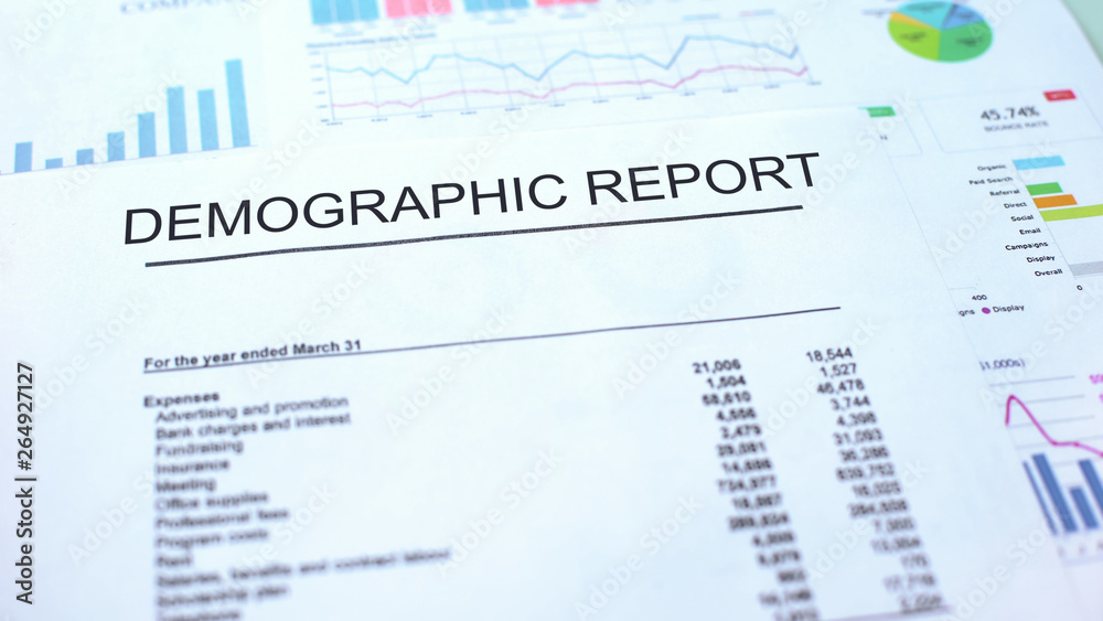 Demographic report lying on table, graphs charts and diagrams, official document Demographic report lying on table, graphs charts and diagrams, official document