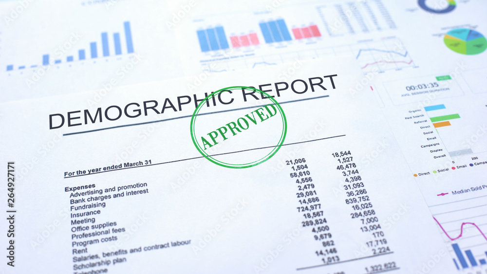 Demographic report approved, seal stamped on official document, business project Demographic report approved, seal stamped on official document, business project