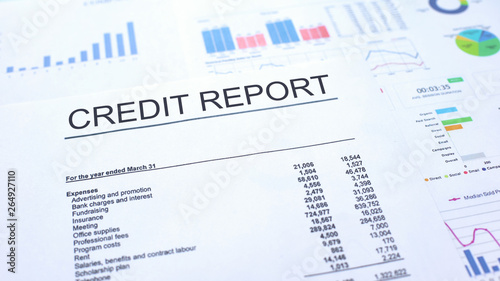 Credit report lying on table, graphs charts and diagrams, official document