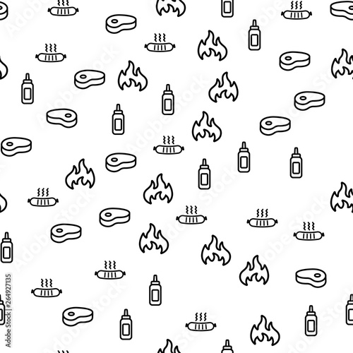 Wood Picnic With Sausages Steak Seamless Pattern. Eat Sauce Salsa Restaurant Meal Lunch. Cooking Fresh Hot Steak And Tasty. Drink Alcohol And Cook Delicious Flat Vector Illustration