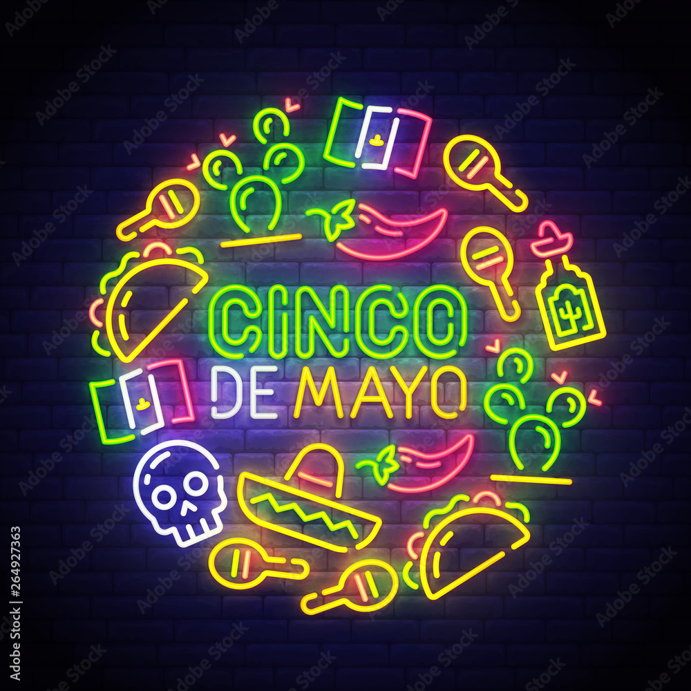Fototapeta premium Cinco De Mayo neon sign, bright signboard, light banner. Mexico logo Mexican icons. Icon from Cinco De Mayo