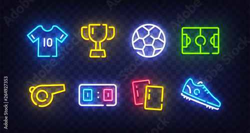 Football icon set isolated. Soccer neon sign. Uniform, Cup, Ball, whistle, soccer ball, football field, score, shoes, ticket