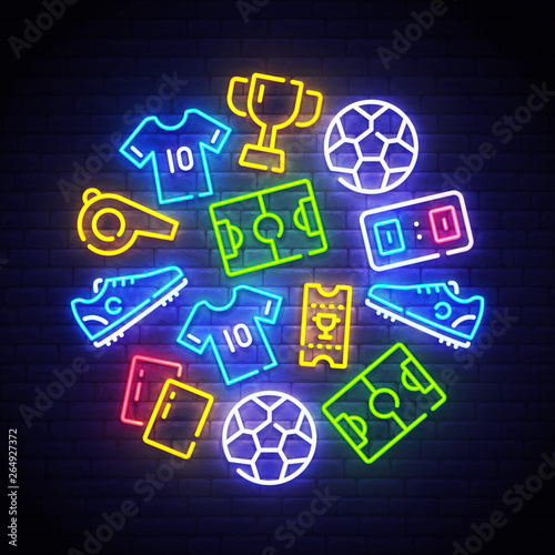 Football icons set. Soccer neon sign. Bright signboard, light banner. Neon isolated icon, emblem. Uniform, Cup, Ball, whistle, soccer ball, football field, score, shoes, ticket