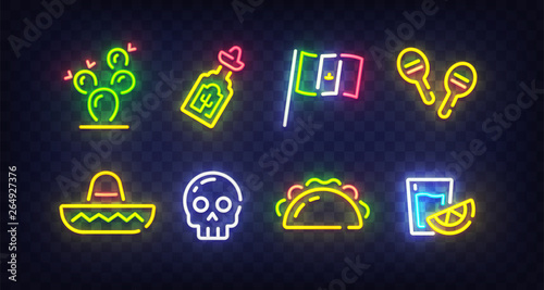 Cinco De Mayo icons. Icon from Mexican. Cinco De Mayo neon sign. Cactus, Flag Mexico, Tequila, Mexican hat, Skull, Taco, Maracas, Chilli, Shot icon. Vector Illustration
