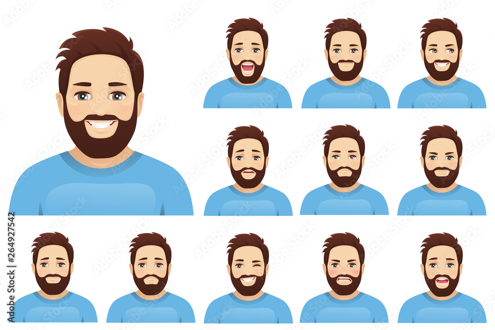 Handsome bearded man with different facial expressions set vector illustration isolated Handsome bearded man with different facial expressions set vector illustration isolated