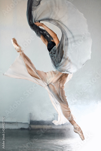 Perfect harmony fascinating our minds and eyes, ballet dancer in a jump. Ballerina is wearing in blue grey dress and pointe shoes. Smoke effect