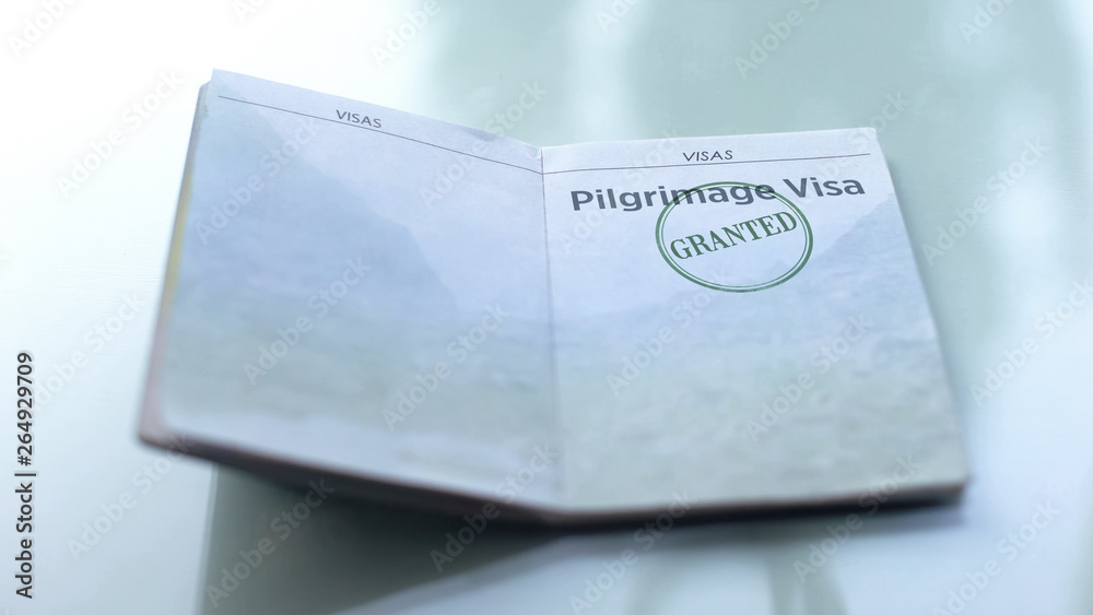 Pilgrimage visa granted, seal stamped in passport, customs office, travelling Pilgrimage visa granted, seal stamped in passport, customs office, travelling