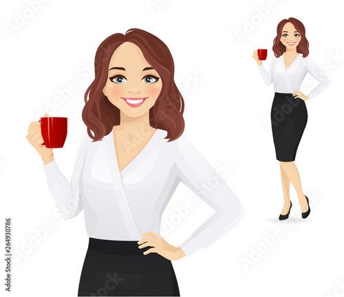 Elegant business woman twith coffee cup isolated vector illustration