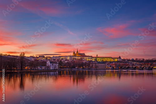 Prague Castle in Prague, Czech Republic during beautiful colorful dawn sunset clouds