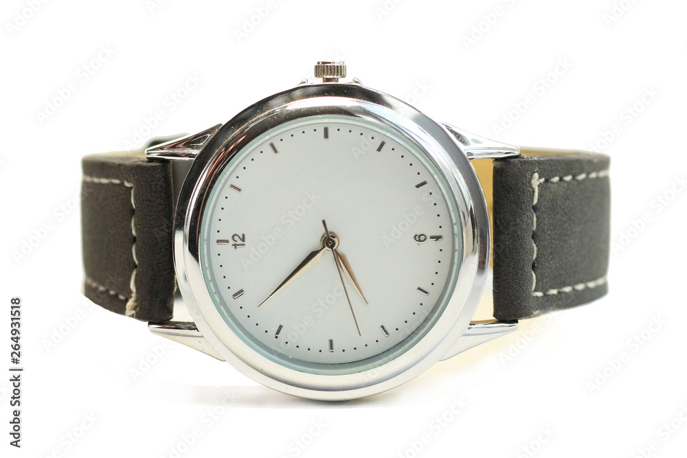 wristwatch with white screen chrome edging with black strap for men and women isolate with a shadow wristwatch with white screen chrome edging with black strap for men and women isolate with a shadow