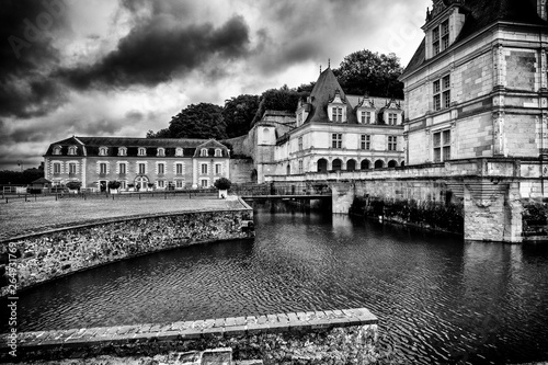 Black and white photo of Villandry castle and its' gardens in France. Amazing Chateau de Villandry of Loire Valley, Indre-et-Loire region in France, Europe. photo