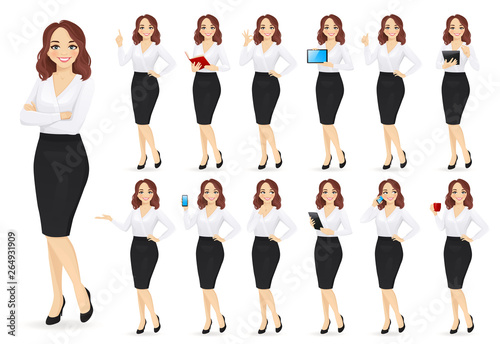 Businesswoman character in different poses set vector illustration