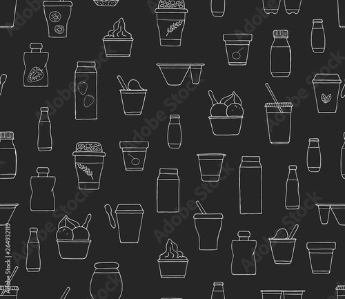 Vector seamless pattern of different kinds of yoghurt. Hand drawn repeating background of organic fresh dairy products on black background. Natural food line drawing collection.