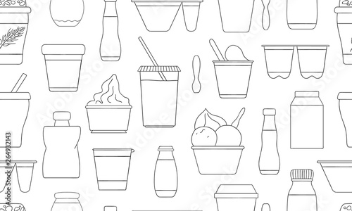 Vector seamless pattern of different kinds of yoghurt. Hand drawn repeating background of organic fresh dairy products. Natural food line drawing collection.