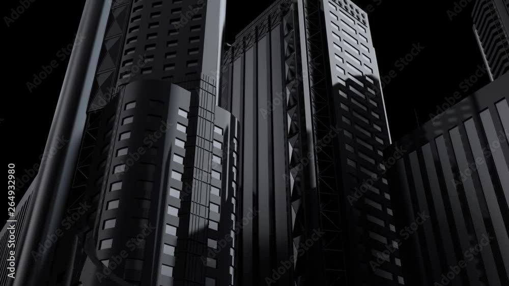  Camera is panning up around abstract skyscrapers with reflective surfaces. Simple building forms with glass