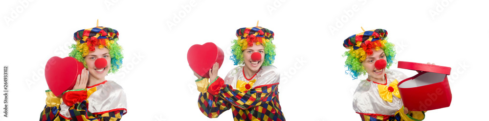 Clown with giftbox isolated on white Clown with giftbox isolated on white