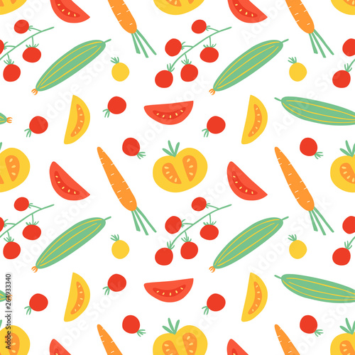 Wallpaper Mural Cherry tomatoes; cucumbers and carrots hand drawn doodle pattern. Vegetables seamless cartoon vector print Torontodigital.ca