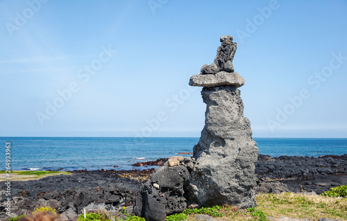 Pyramids of stones on the beach on Udo Island, a trip to South Korea, a beautiful seascape