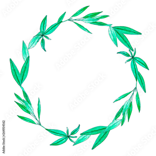Wreath with hand painted watercolor sage leaves isolated on white. Herbal frame for textile  packaging or scrapbooking decoration.