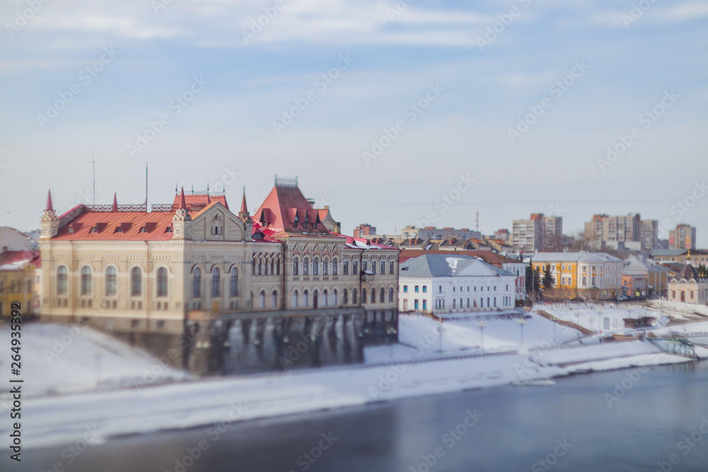 The building of the former grain exchange in Rybinsk in the winter on the Volga. Russia.