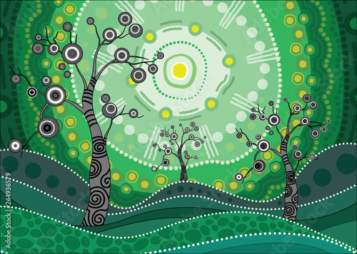 An illustration based on aboriginal style of background depicting nature.
