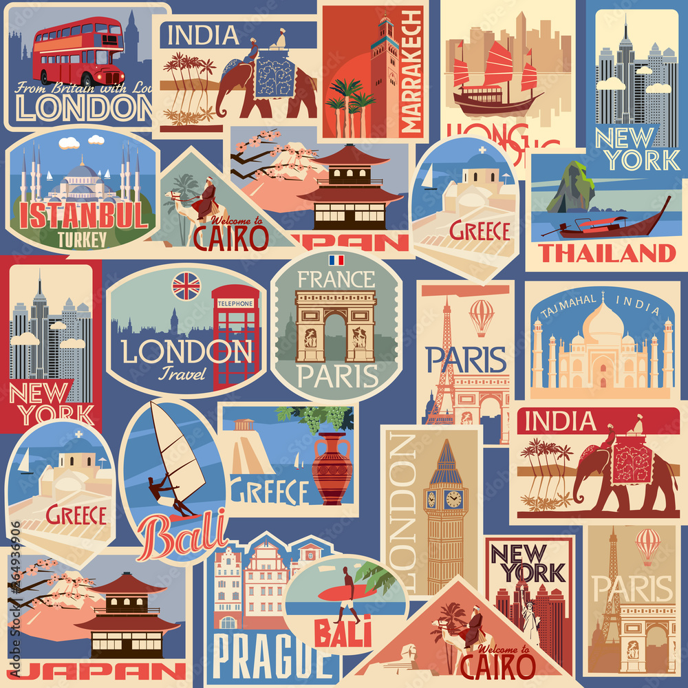 Set of travel retro labels and cards. Different countries and cities. Vector color graphics - obrazy, fototapety, plakaty 