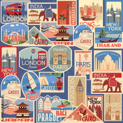 Set of travel retro labels and cards. Different countries and cities. Vector color graphics