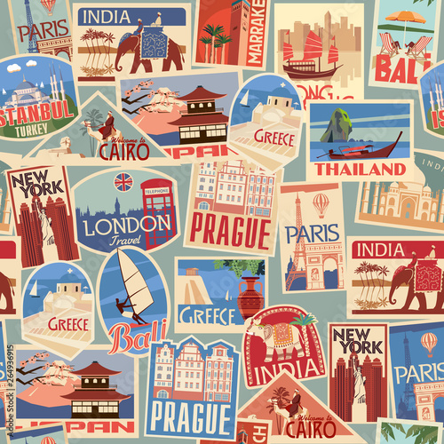 Set of travel retro labels and cards. Different countries and cities in Europe, Africa, Asia and America. Vector color graphics