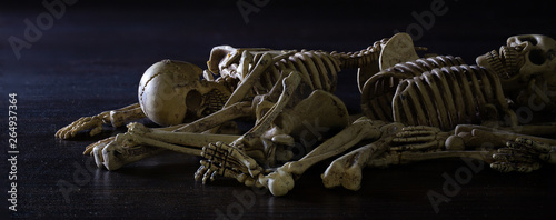 Pile of human bones on dark brown wooden