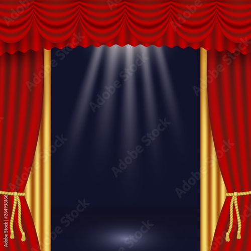 Vector realistic red and gold stage curtains frame with spotlights. Luxury silk velvet curtains with drapery  tied with golden cord. Portiere drapes for ceremony  theater  opera scene  playbill.