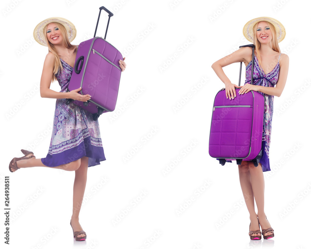 Beautiful woman with suitcase isolated on white Beautiful woman with suitcase isolated on white