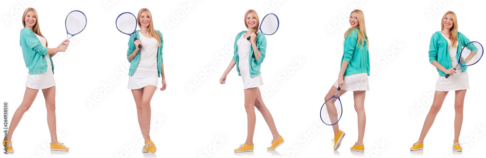 Young beautiful lady playing tennis isolated on white Young beautiful lady playing tennis isolated on white