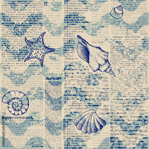 Blue grunge waves pattern and hand draw in marine style.
