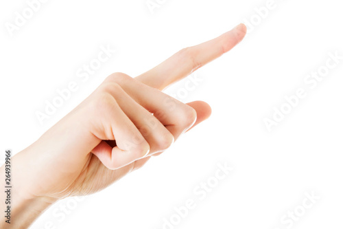 Female hand with finger showing or pressing something on white background.