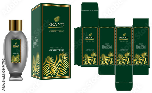 Packaging design, Label on cosmetic container with green and gold luxury box template and mockup box, illustration vector.