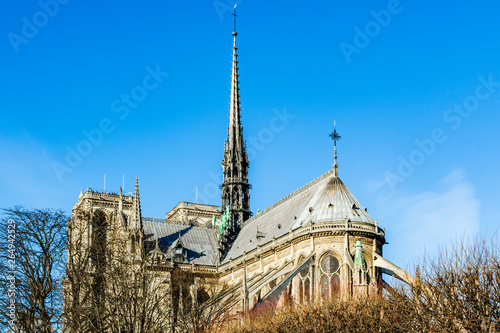 The 19th-century spire of Paris Notre Dame Cathedral by Eugene Viollet-le-Duc made of oak covered with lead, destroyed in the April 2019 fire