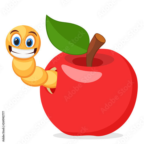 Red Apple with worm on a white background.