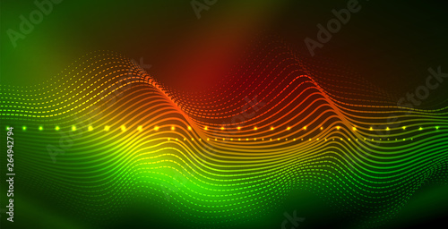 Glowing abstract wave on dark, shiny motion, magic space light. Techno abstract background